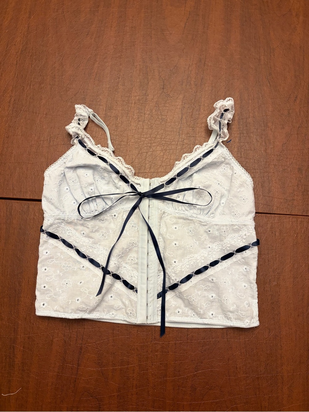 Beverly and Beck Light Blue Eyelet Bustier Top with Navy Trim